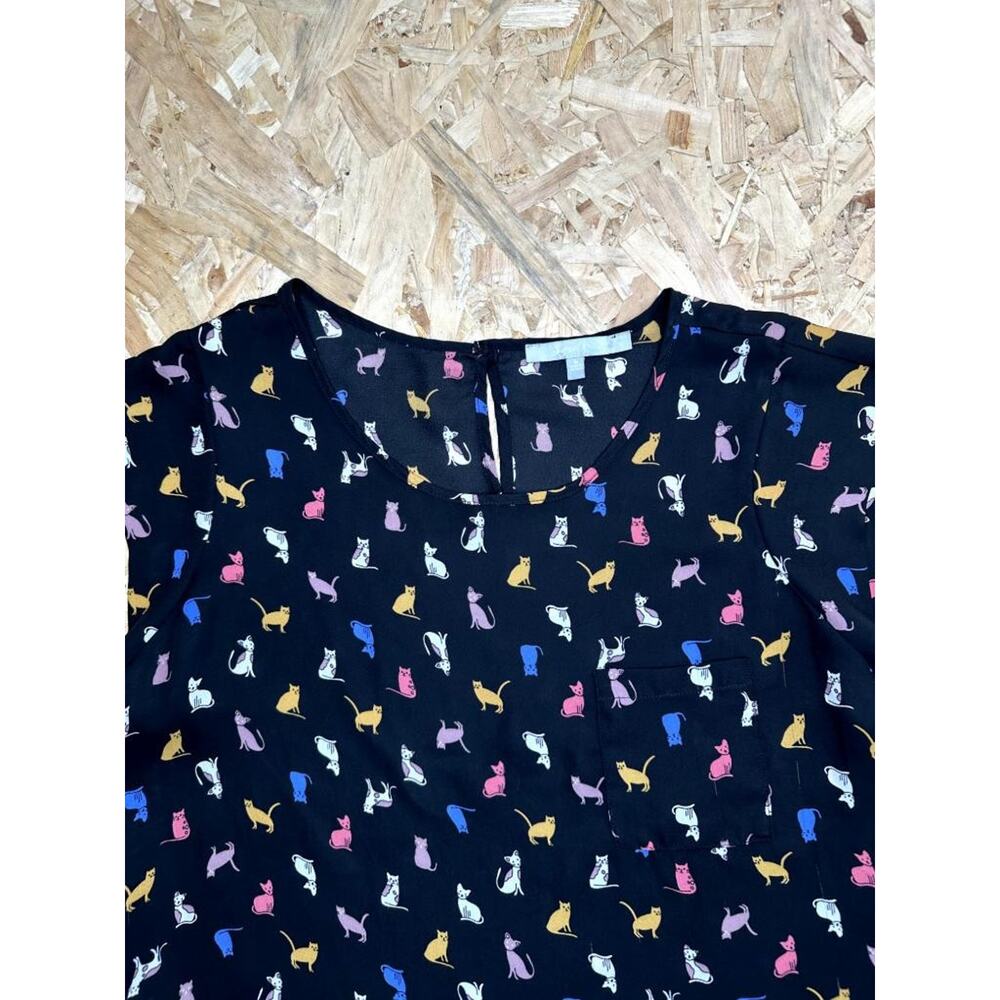 Sweet Rain Cat Print Blouse Womens Large Black Colorful Kitty Pattern Tank Top - Picture 6 of 14